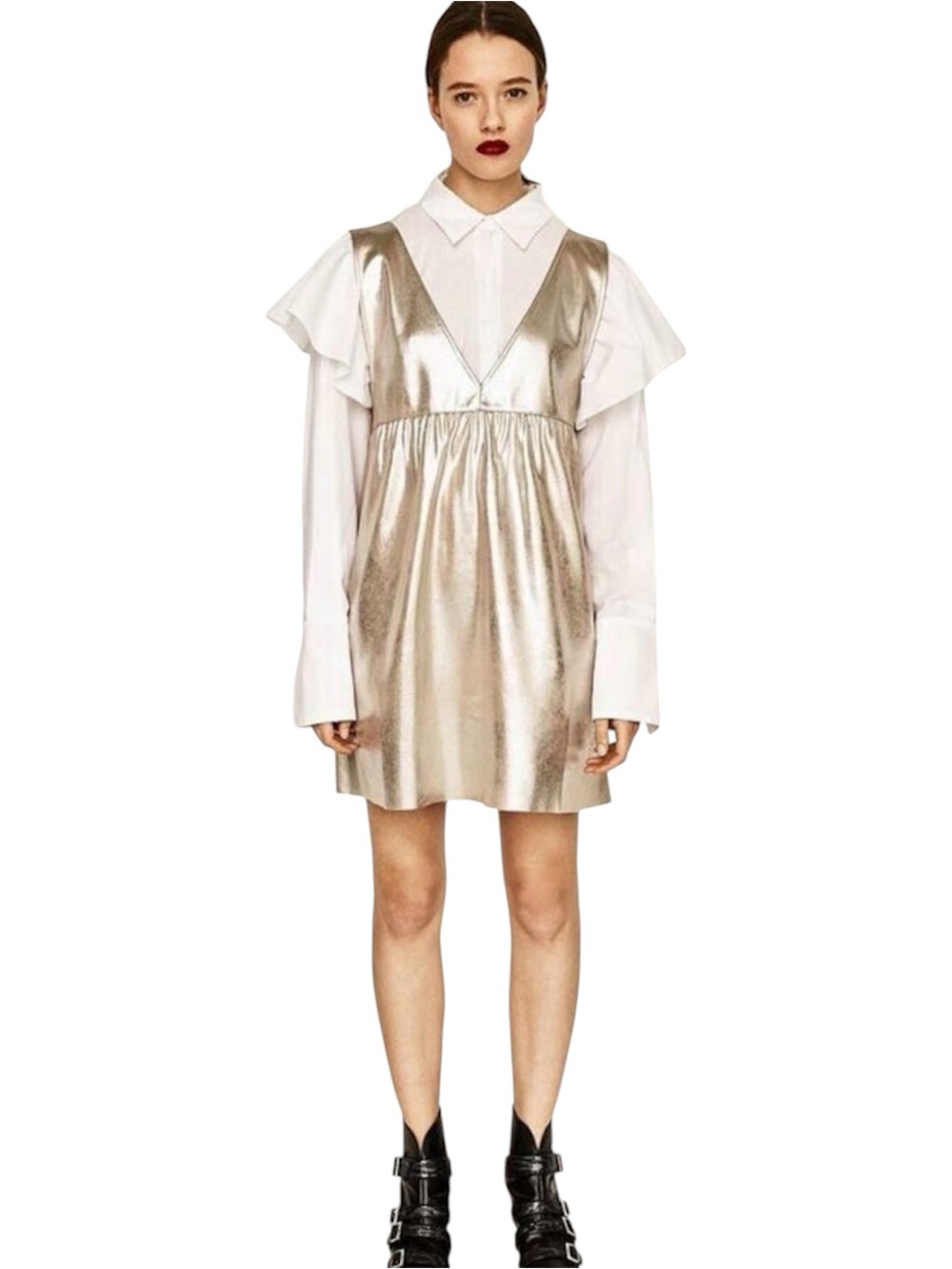 ZARA Champagne Silver Metallic Babydoll Empire Waist V Neck Mini Dress medium